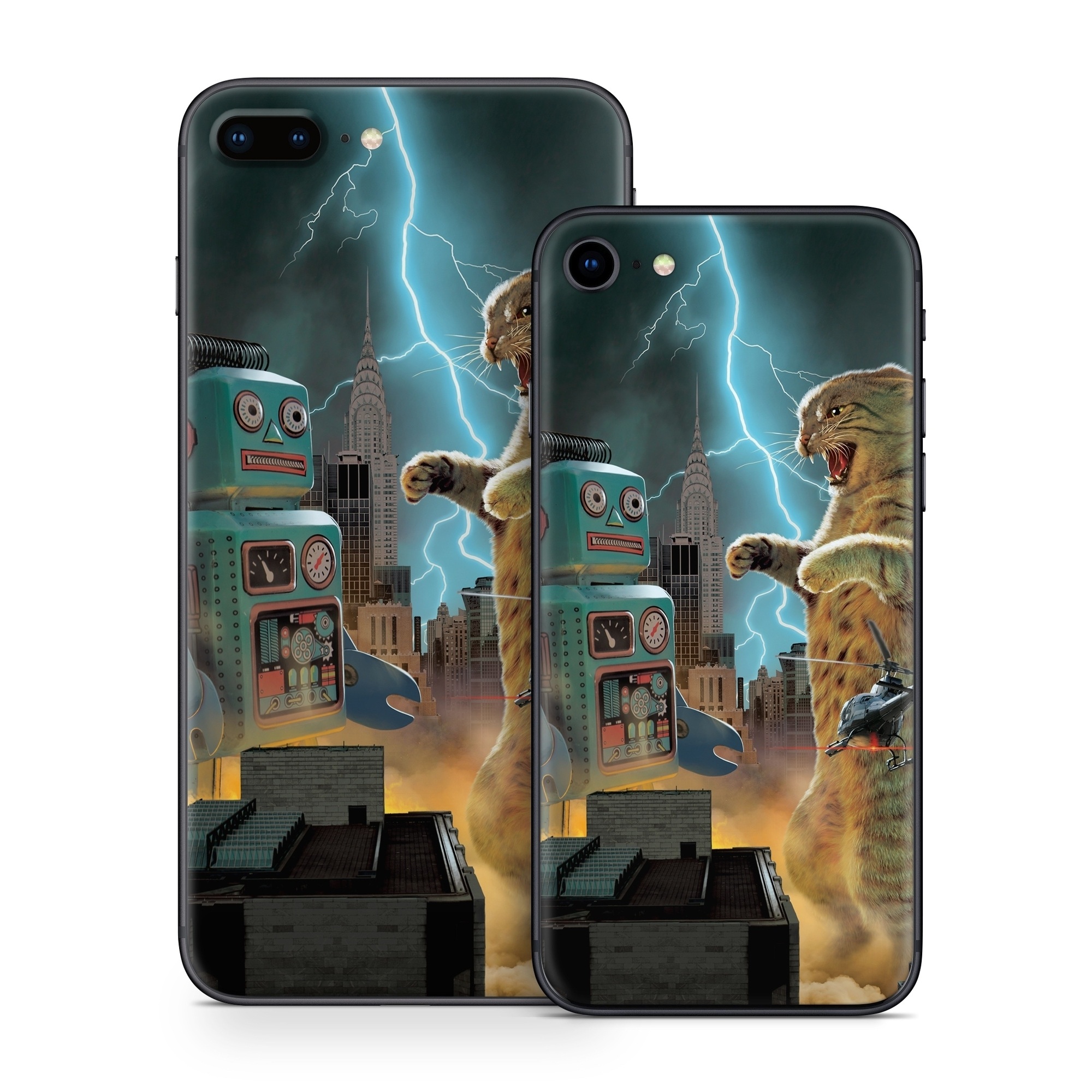 iPhone 8 Series Skin design of Lightning, Felidae, Carnivore, Art, Whiskers, Big cats, Cg artwork, Terrestrial animal, Small to medium-sized cats, Thunder, with black, blue, red, yellow, white, brown, gray, orange colors