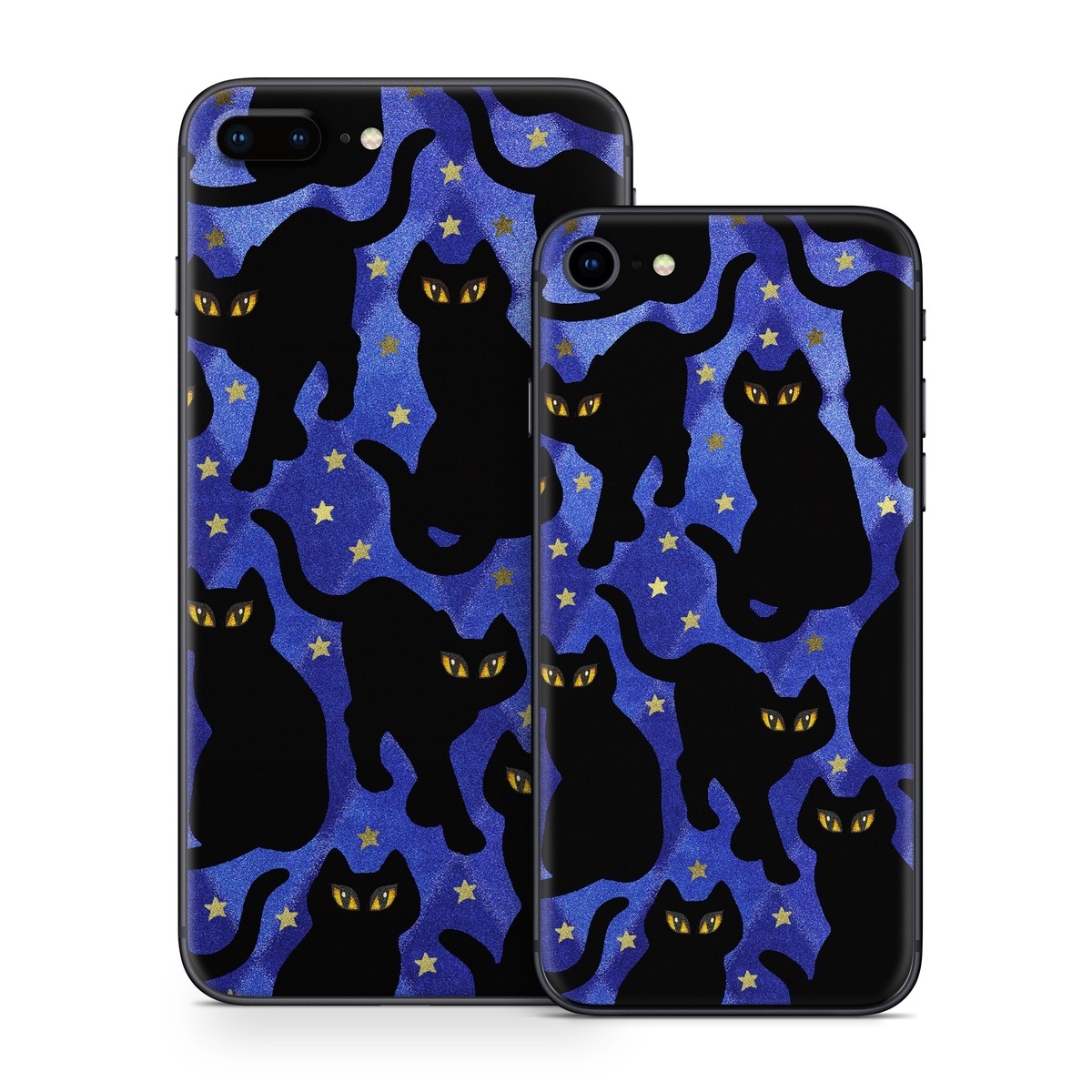 iPhone 8 Series Skin design of Black cat, Black, Cat, Small to medium-sized cats, Pattern, Felidae, Design, Electric blue, Illustration, Art, with black, blue, purple, yellow colors