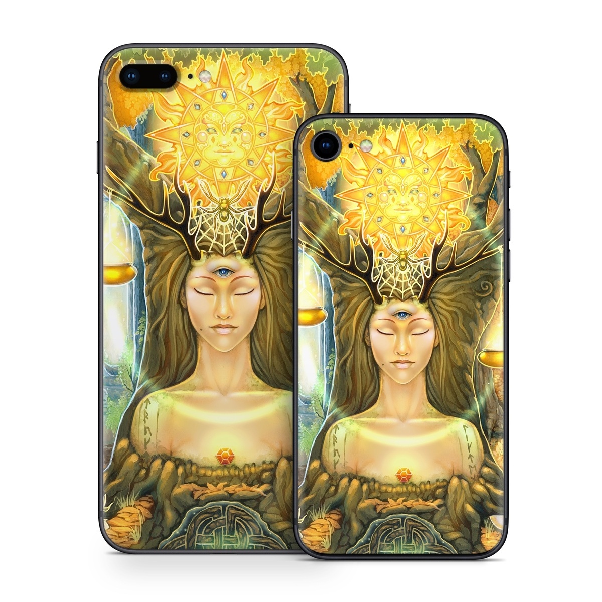 iPhone 8 Series Skin design of Painting, Art, Illustration, Plant, Fictional character, Mythology, Cg artwork, Visual arts, Glass, Drawing, with yellow, green, brown, pink, orange, black colors