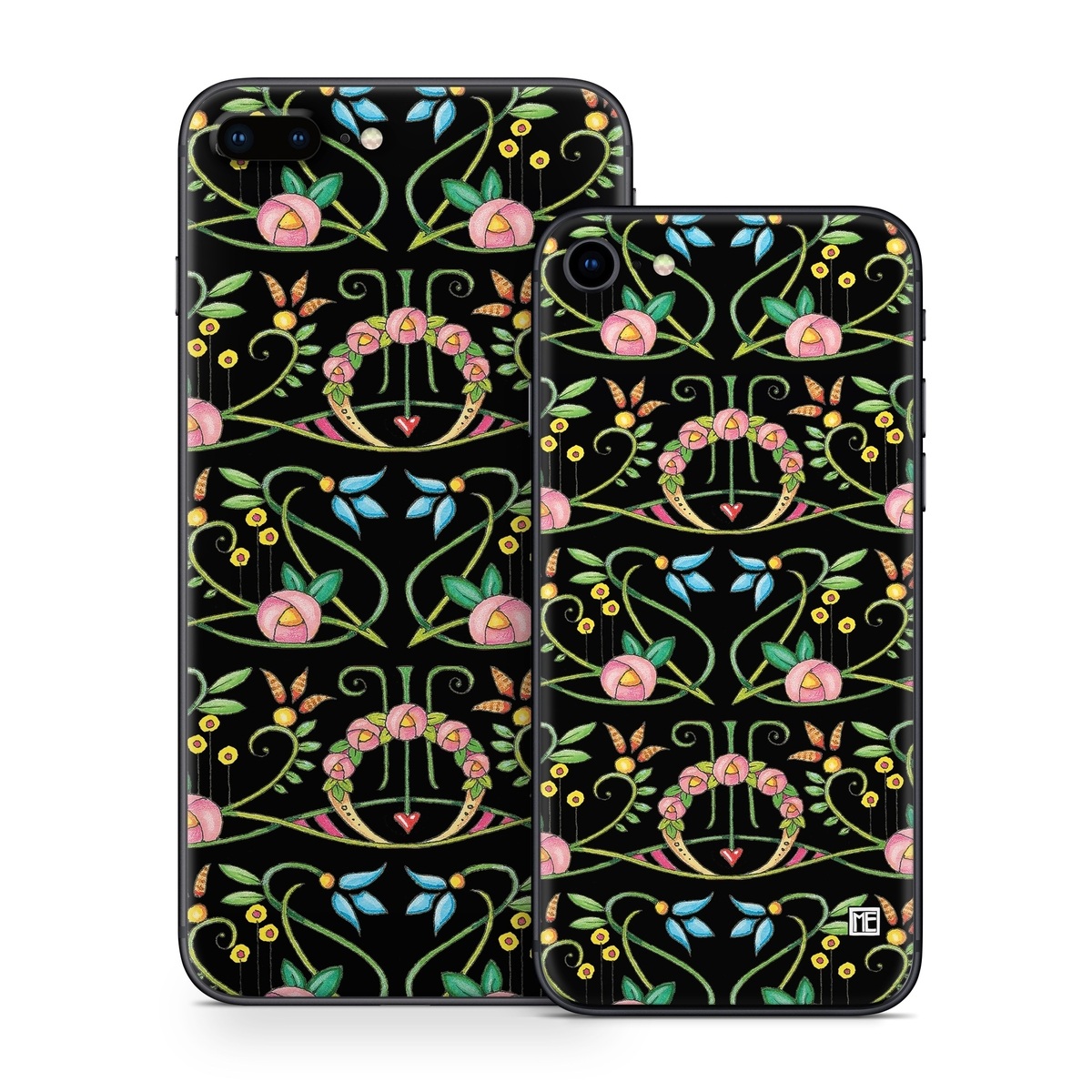 iPhone 8 Series Skin design of Flower, Rectangle, Textile, Ornament, Plant, Line, Motif, Creative arts, Art, Pattern, with black, pink, blue, green, yellow colors