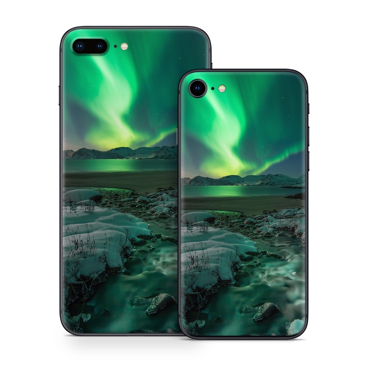 iPhone 8 Series Skin design of Nature, Aurora, Sky, Geological phenomenon, Water, Atmosphere, Space, Landscape, World, Glacier, with white, green, blue, black, gray colors