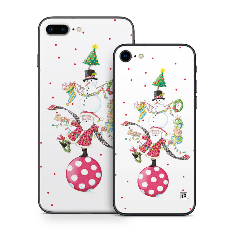 iPhone 8 Series Skin design of Snowman, Holiday ornament, Christmas ornament, Creative arts, Christmas decoration, Ornament, Pattern, Event, Art, Circle, with white, red, yellow, green, orange, black, blue colors