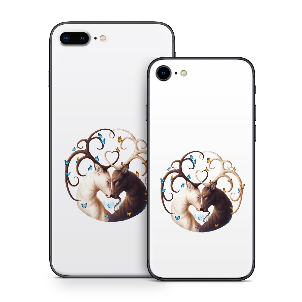 iPhone 8 Series Skin design of Gesture, Fawn, Serveware, Horn, Font, Art, Mythical creature, Dishware, Tail, Drinkware, with white, brown, blue, yellow, orange colors