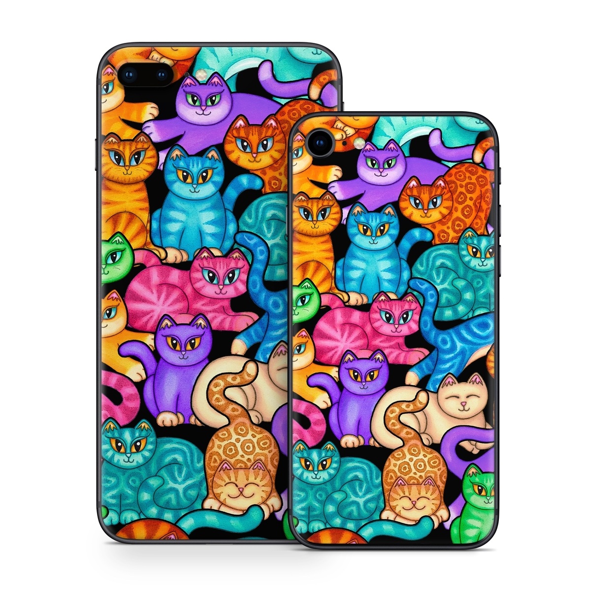 iPhone 8 Series Skin design of Cat, Cartoon, Felidae, Organism, Small to medium-sized cats, Illustration, Animated cartoon, Wildlife, Kitten, Art, with black, blue, red, purple, green, brown colors