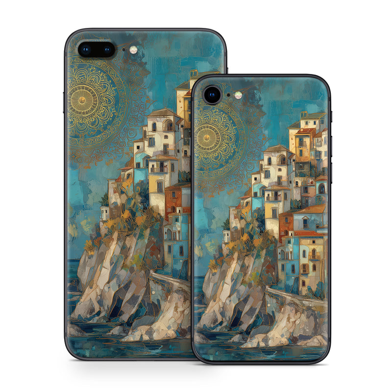 iPhone 8 Series Skin design of Blue, Visual arts, Paint, Painting, Art Paint, Watercolor painting, Village, Modern art, Mural, Acrylic paint, with blue, yellow, white, gray, red, blue, pink, green colors