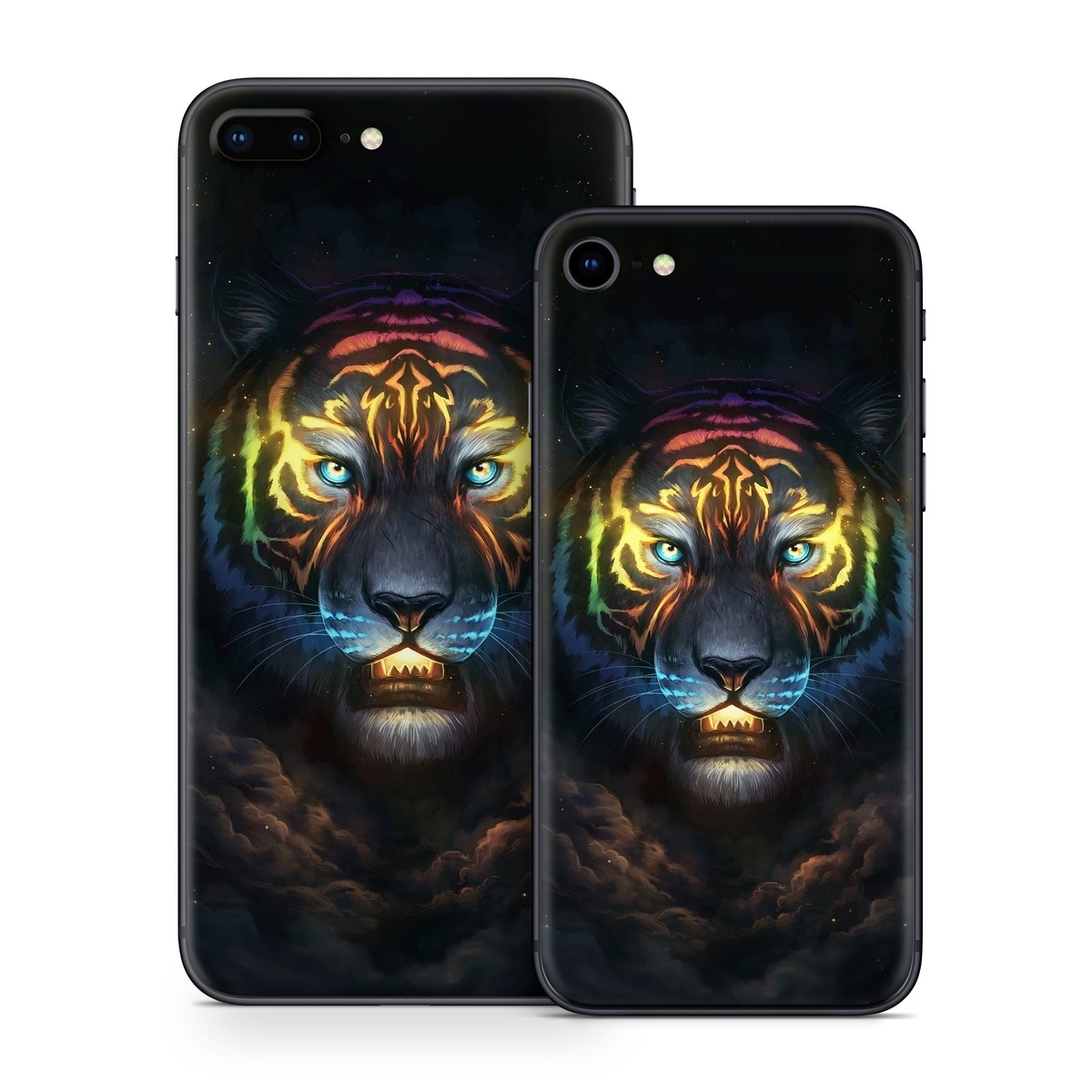 iPhone 8 Series Skin design of Felidae, Vertebrate, Carnivore, Organism, Painting, Roar, Bengal tiger, Big cats, Art, Whiskers, with black, yellow, orange, red, green, purple, blue colors