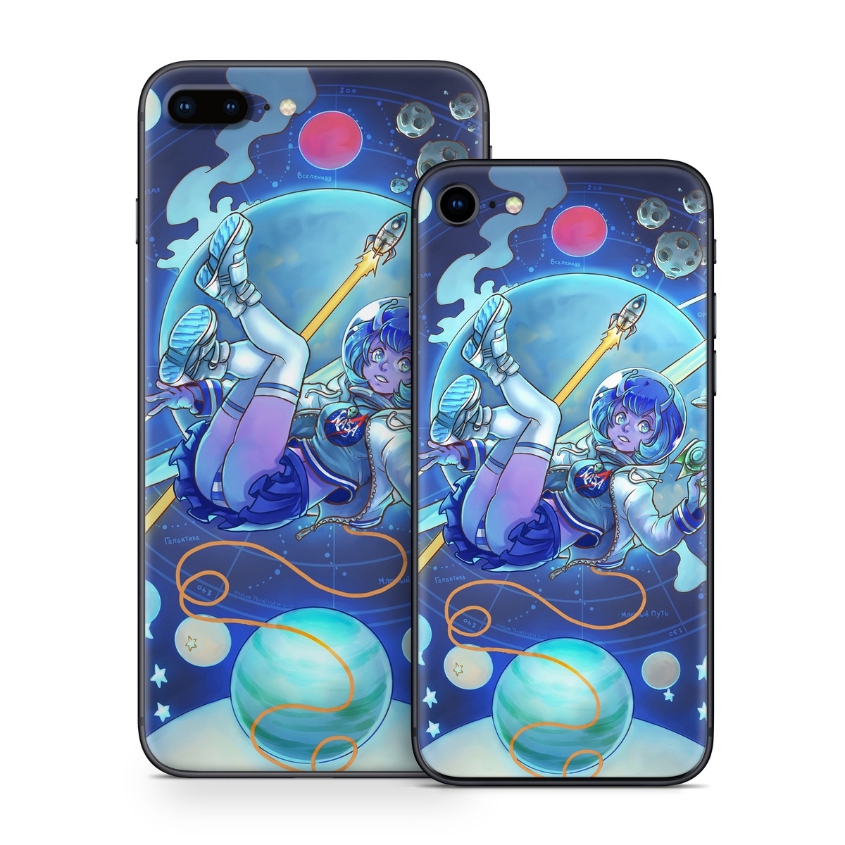 iPhone 8 Series Skin design of Cartoon, Illustration, Graphic design, Games, Space, Design, Anime, Art, Graphics, Fictional character, with blue, white, yellow, purple, green, red, orange, black colors