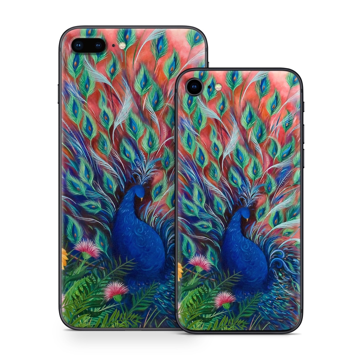 iPhone 8 Series Skin design of Painting, Acrylic paint, Bird, Child art, Art, Galliformes, Peafowl, Visual arts, Watercolor paint, Plant, with black, red, gray, blue, green colors