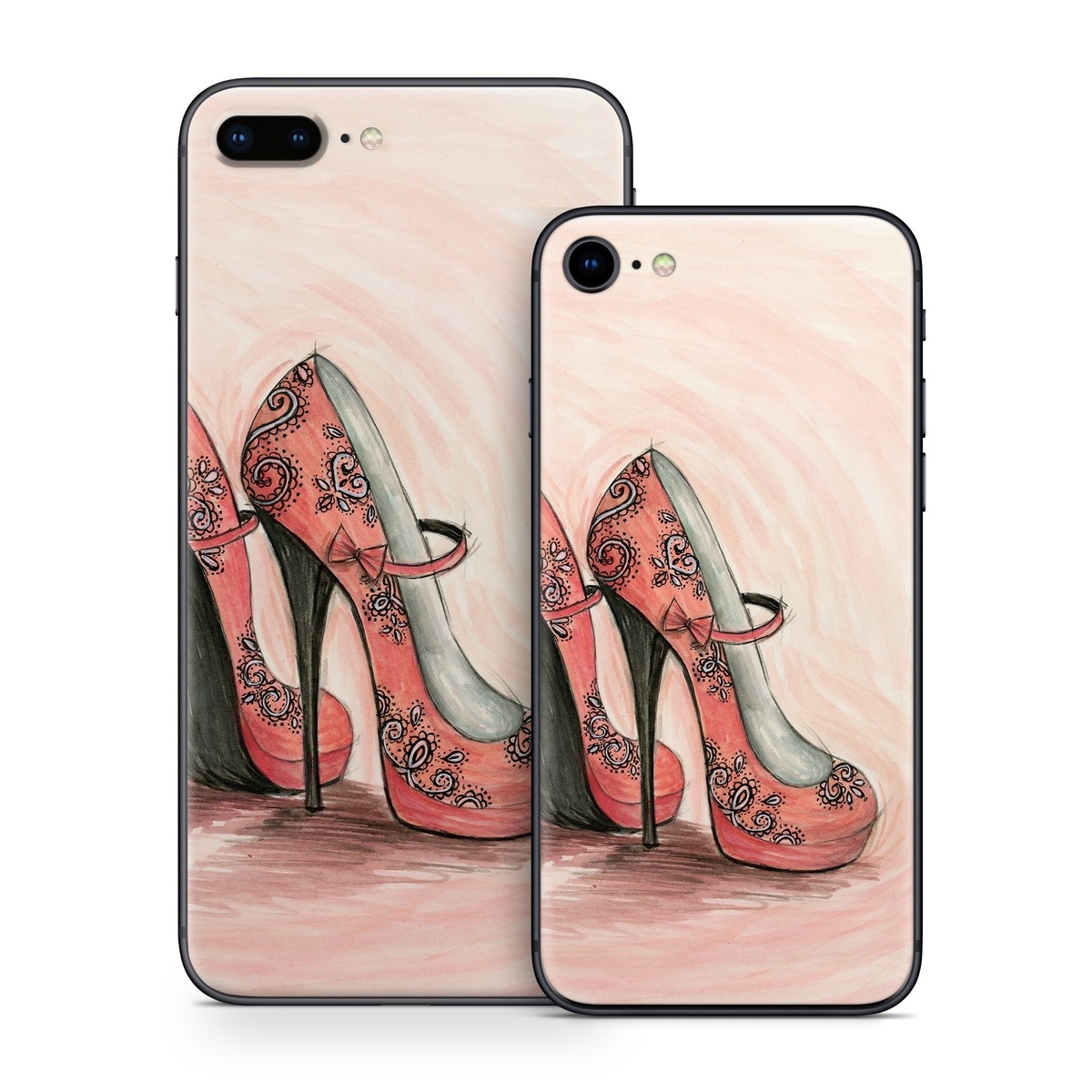 iPhone 8 Series Skin design of Footwear, High heels, Shoe, Pink, Court shoe, Illustration, Leg, Basic pump, Peach, Painting, with pink, gray, red, white, black, green colors