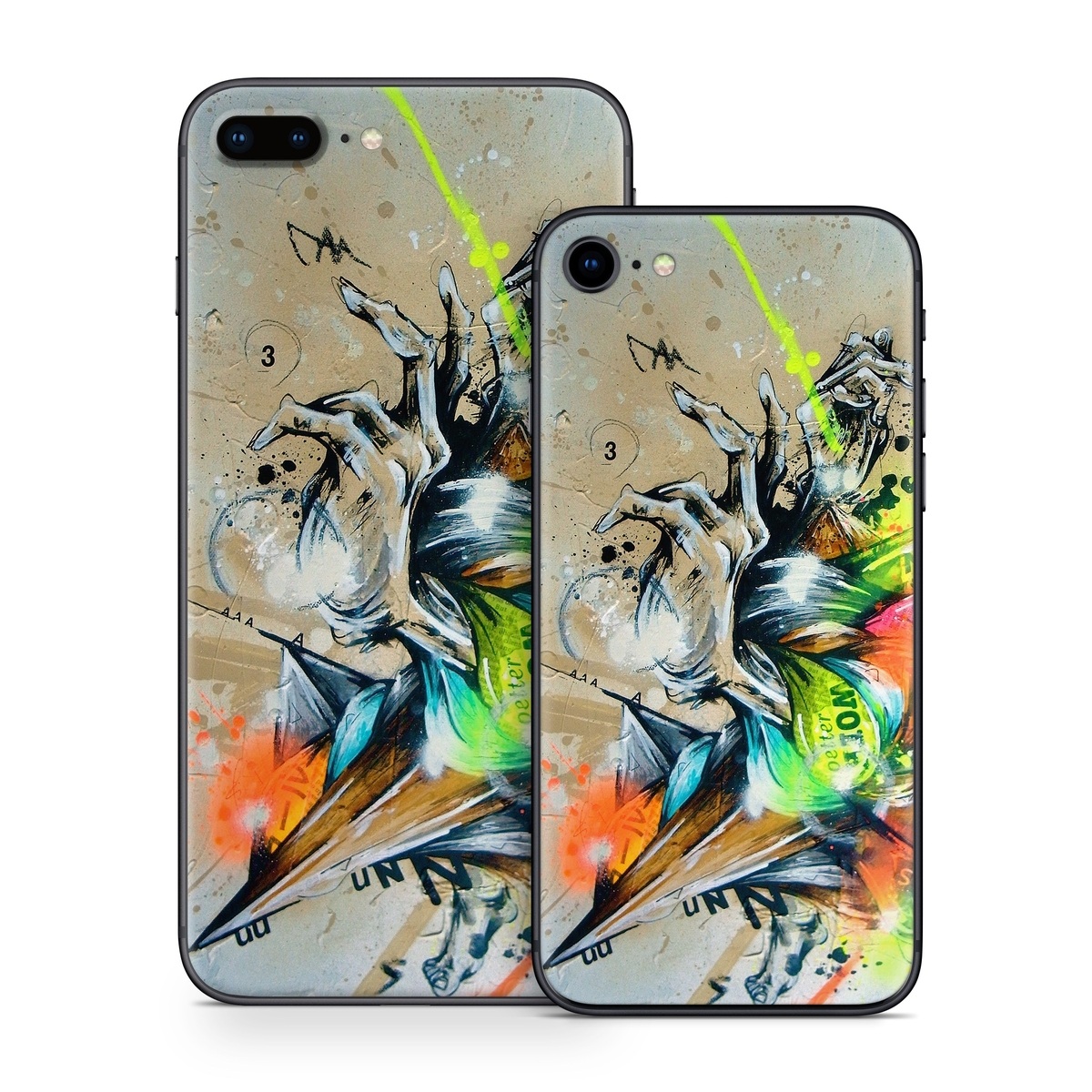 iPhone 8 Series Skin design of Graphic design, Art, Illustration, Fictional character, Visual arts, Graphics, Painting, Watercolor paint, Modern art, Games, with gray, black, green, red, orange, pink colors