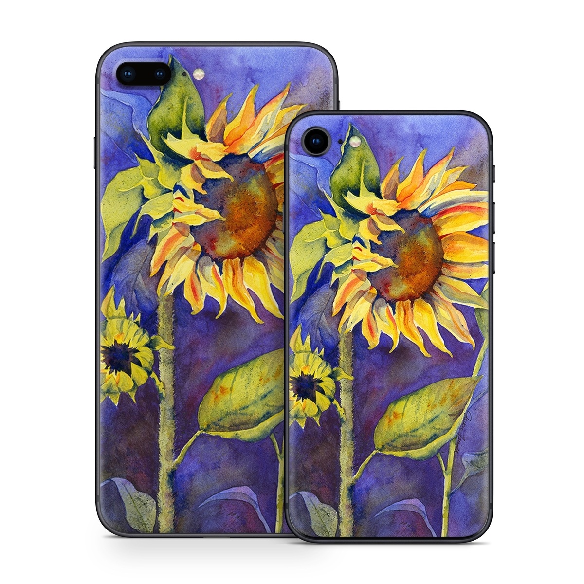 iPhone 8 Series Skin design of Flower, Sunflower, Painting, sunflower, Watercolor paint, Plant, Flowering plant, Yellow, Acrylic paint, Still life, with green, black, blue, gray, red, orange colors