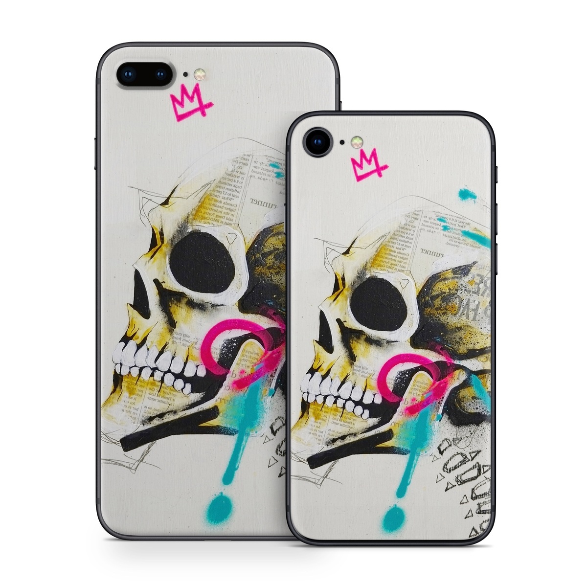 iPhone 8 Series Skin design of Graphic design, Skull, Illustration, Art, Bone, Drawing, Visual arts, Font, Modern art, Street art, with blue, pink, yellow, black colors