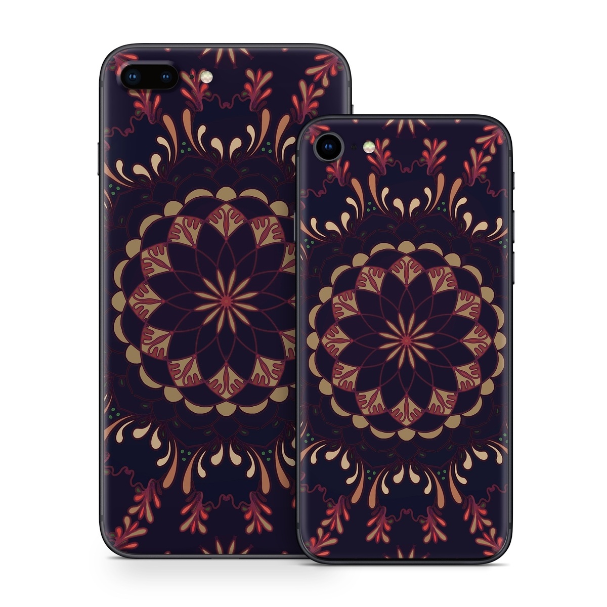 iPhone 8 Series Skin design of Pattern, Brown, Red, Symmetry, Textile, Design, Visual arts, Tapestry, Kaleidoscope, with black, red, orange, yellow, brown colors