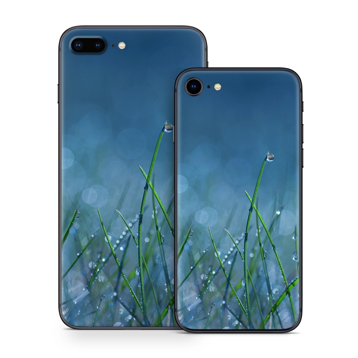 iPhone 8 Series Skin design of Moisture, Dew, Water, Green, Grass, Plant, Drop, Grass family, Macro photography, Close-up, with blue, black, green, gray colors
