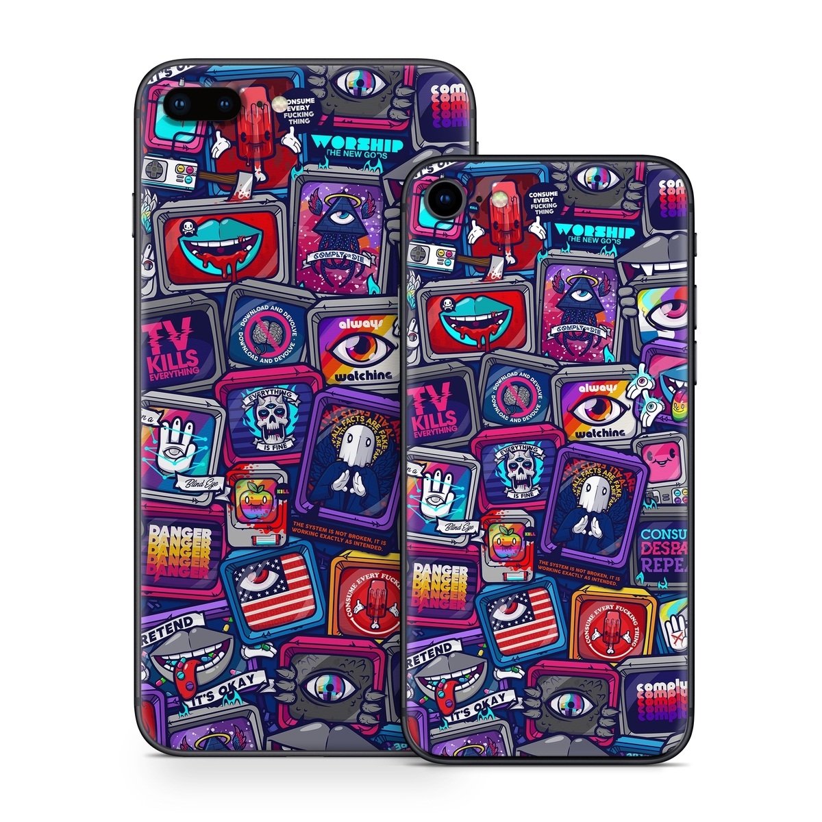 iPhone 8 Series Skin design of Pattern, Font, Art, Visual arts, Collection, with red, blue, black, gray, purple, yellow, white, green colors