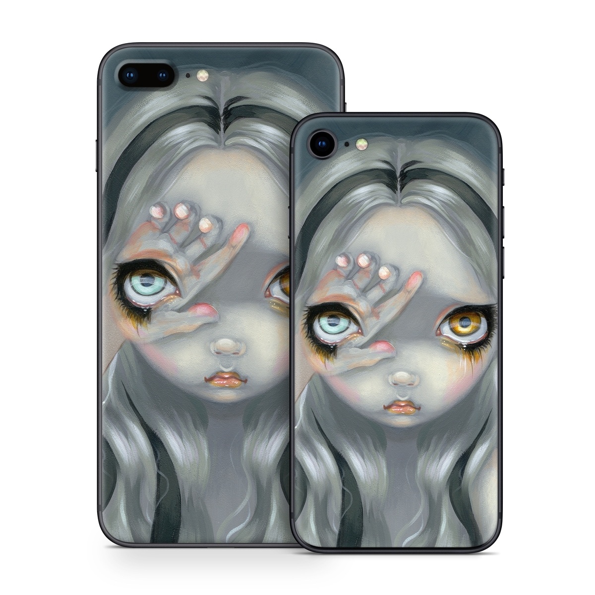 iPhone 8 Series Skin design of Face, Head, Cg artwork, Eye, Illustration, Organ, Fictional character, Art, Iris, Darkness, with black, gray, blue, green colors