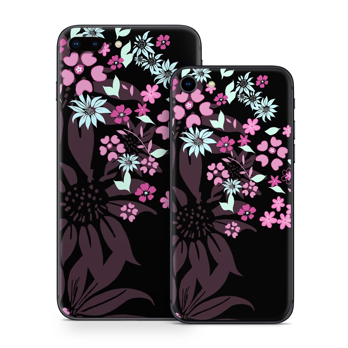 iPhone 8 Series Skin design of Pink, Pattern, Flower, Plant, Botany, Petal, Floral design, Design, Pedicel, Graphic design, with black, gray, purple, green, red, pink colors