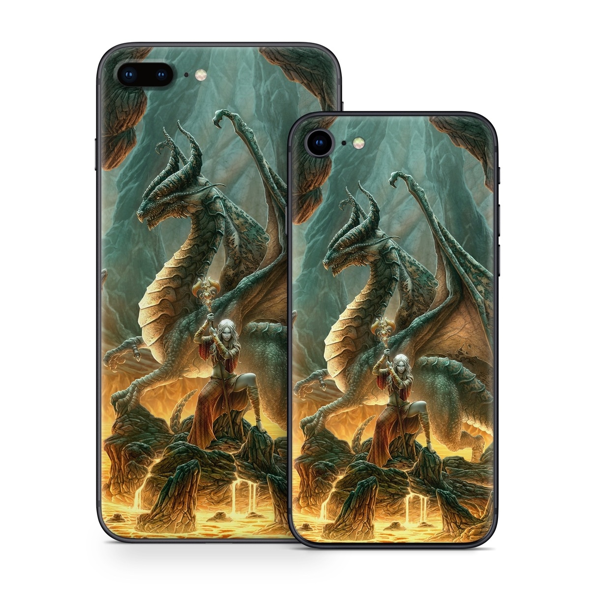 iPhone 8 Series Skin design of Dragon, Cg artwork, Mythology, Fictional character, Mythical creature, Art, Illustration, Cryptid, Sculpture, Demon, with black, green, red, gray, blue colors