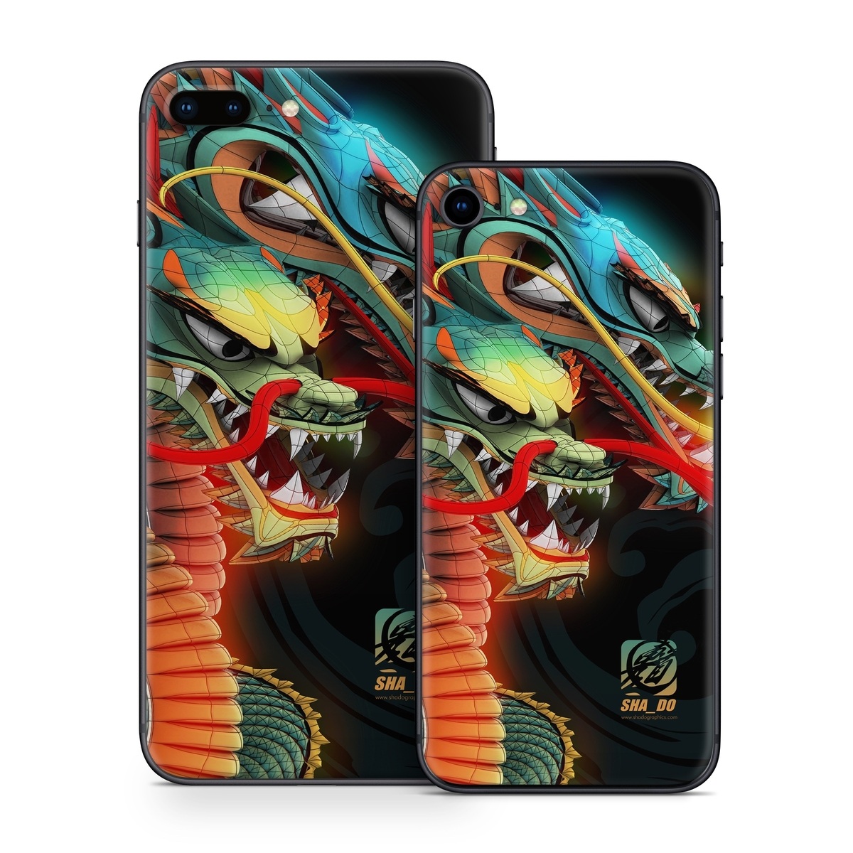 iPhone 8 Series Skin design of Dragon, Fictional character, Illustration, Art, Cg artwork, Fiction, Mythical creature, Graphics, with black, green, red, yellow, orange colors