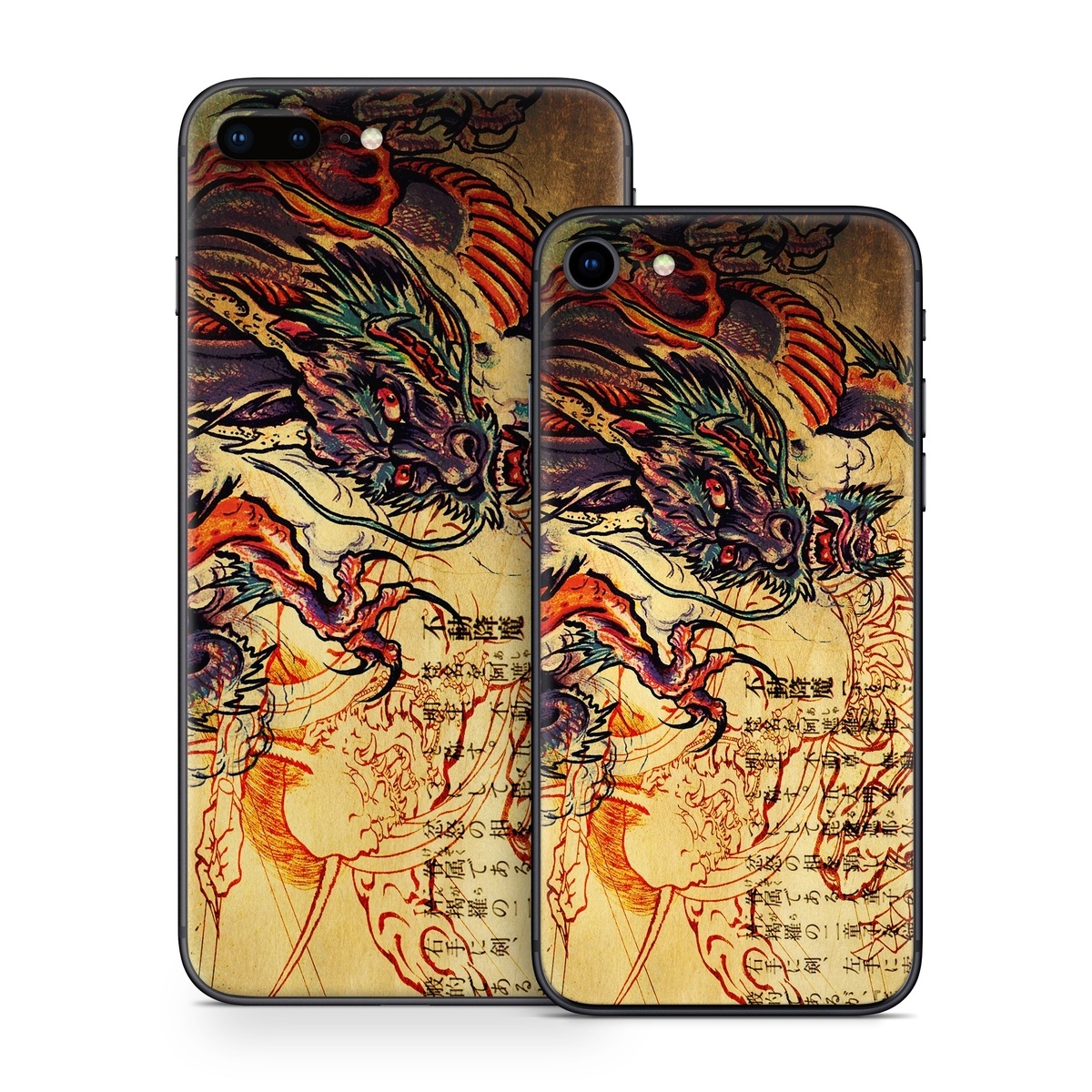 iPhone 8 Series Skin design of Illustration, Fictional character, Art, Demon, Drawing, Visual arts, Dragon, Supernatural creature, Mythical creature, Mythology, with black, green, red, gray, pink, orange colors