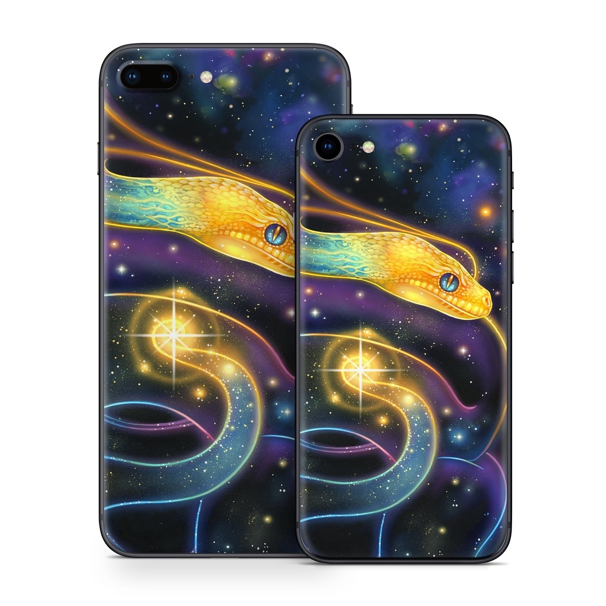 iPhone 8 Series Skin design of Atmosphere, Light, Organism, Art, Font, Astronomical object, Galaxy, Star, Science, Nebula, with black, white, yellow, orange, green, purple colors