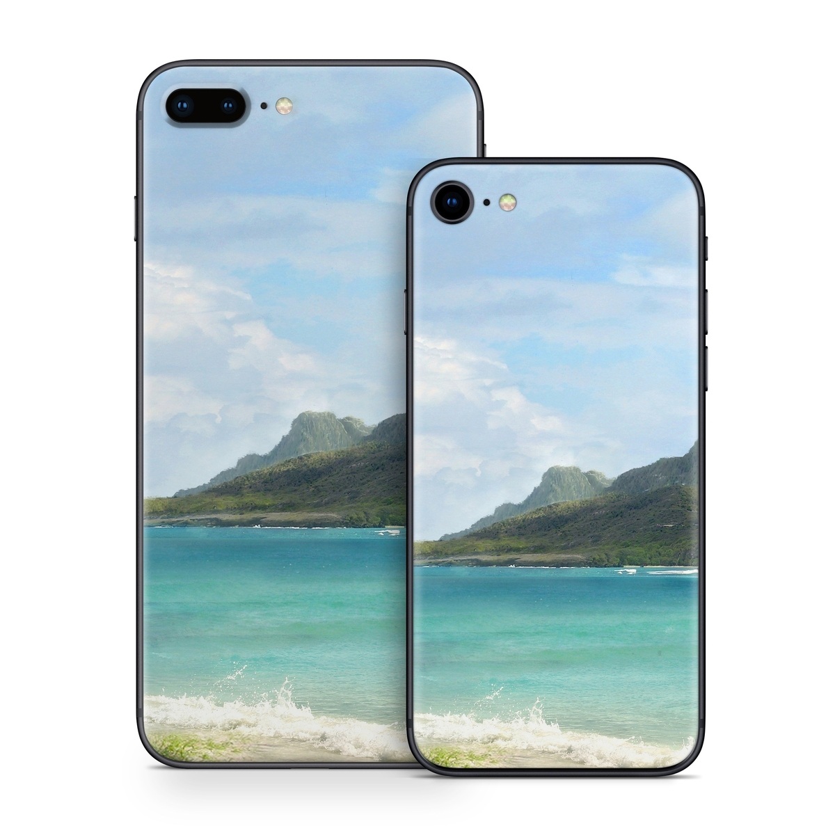 iPhone 8 Series Skin design of Body of water, Tropics, Nature, Natural landscape, Shore, Coast, Caribbean, Sea, Tree, Beach, with gray, black, blue, green colors