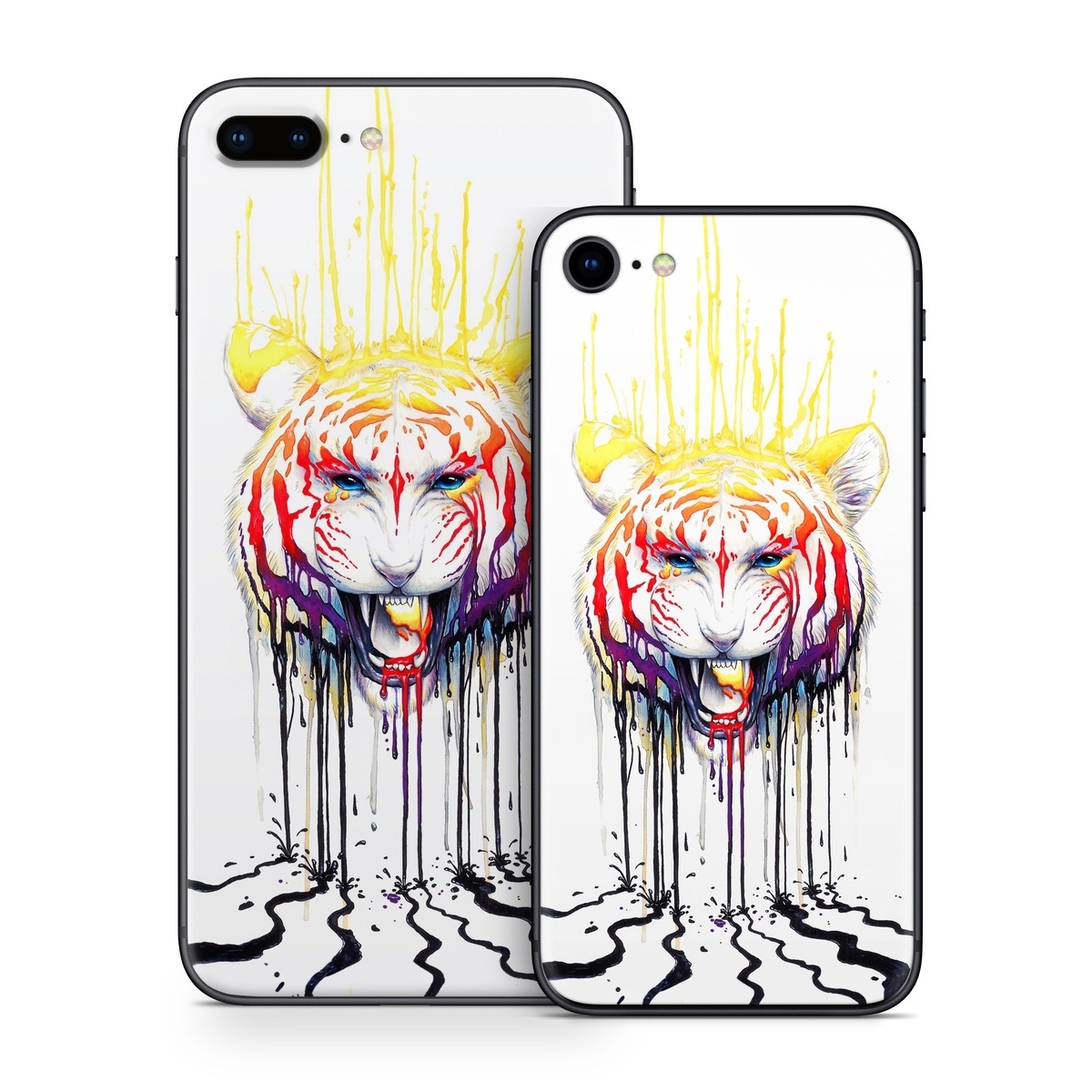 iPhone 8 Series Skin design of Jaw, Roar, Organism, Gesture, Art, Font, Felidae, Painting, Illustration, Drawing, with white, black, yellow, red, orange, purple colors