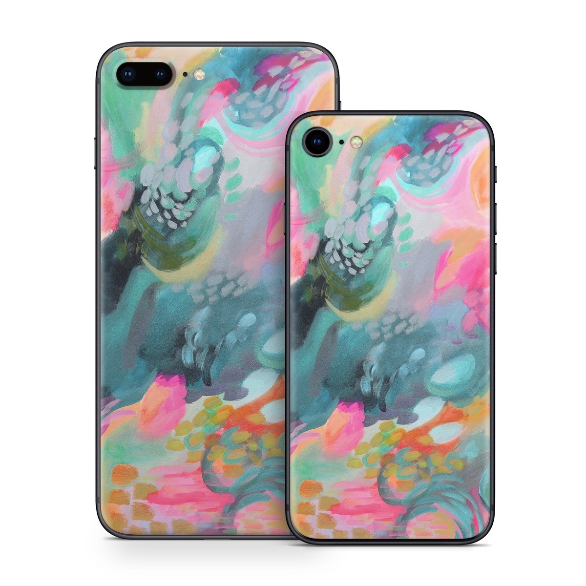 iPhone 8 Series Skin design of Painting, Acrylic paint, Modern art, Art, Pink, Visual arts, Watercolor paint, Pattern, Illustration, Paint, with blue, pink, orange, yellow, green, purple colors