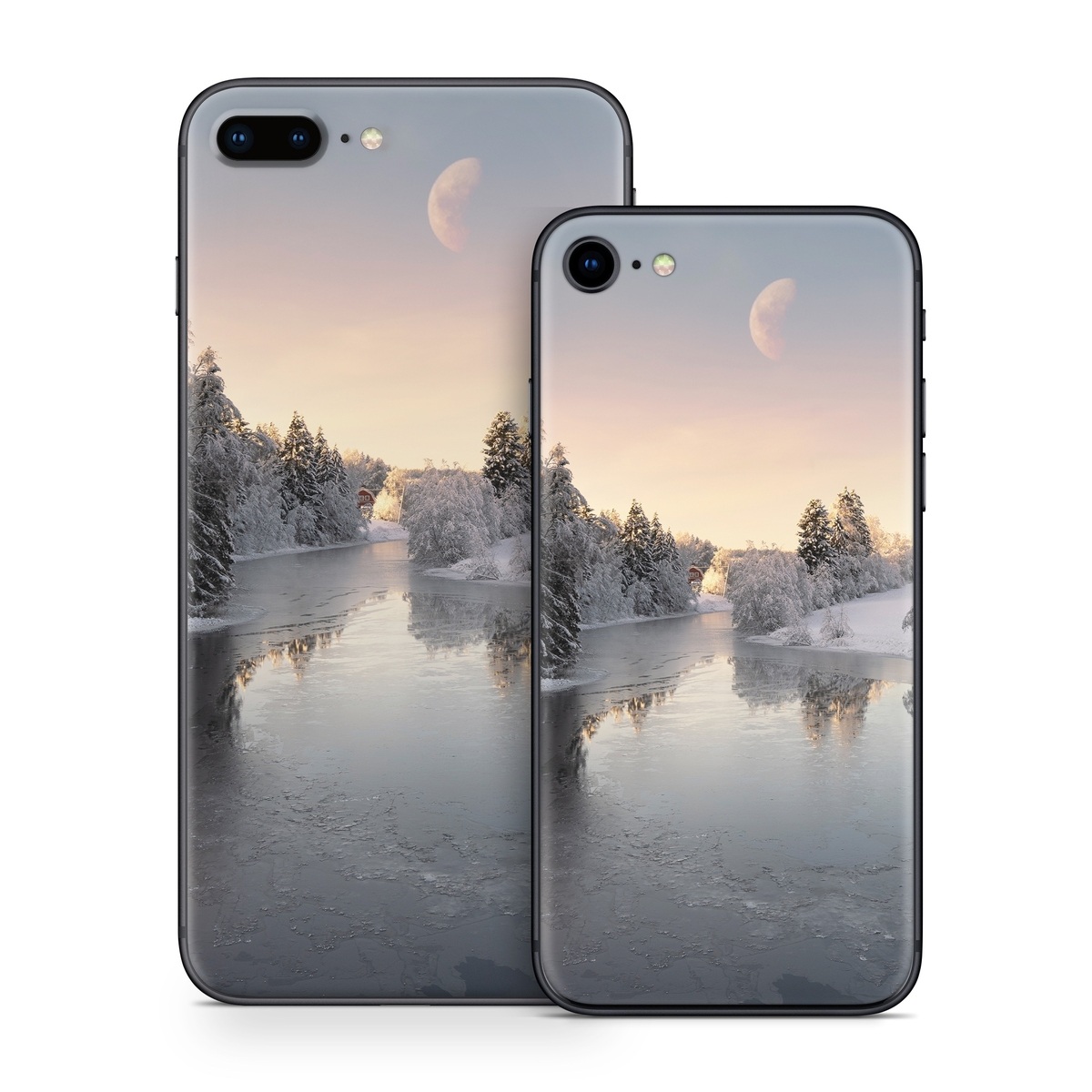 iPhone 8 Series Skin design of Water, Cloud, Sky, Atmosphere, Water resources, Tree, Natural landscape, Moon, Snow, Dusk, with blue, black, yellow, orange, white colors