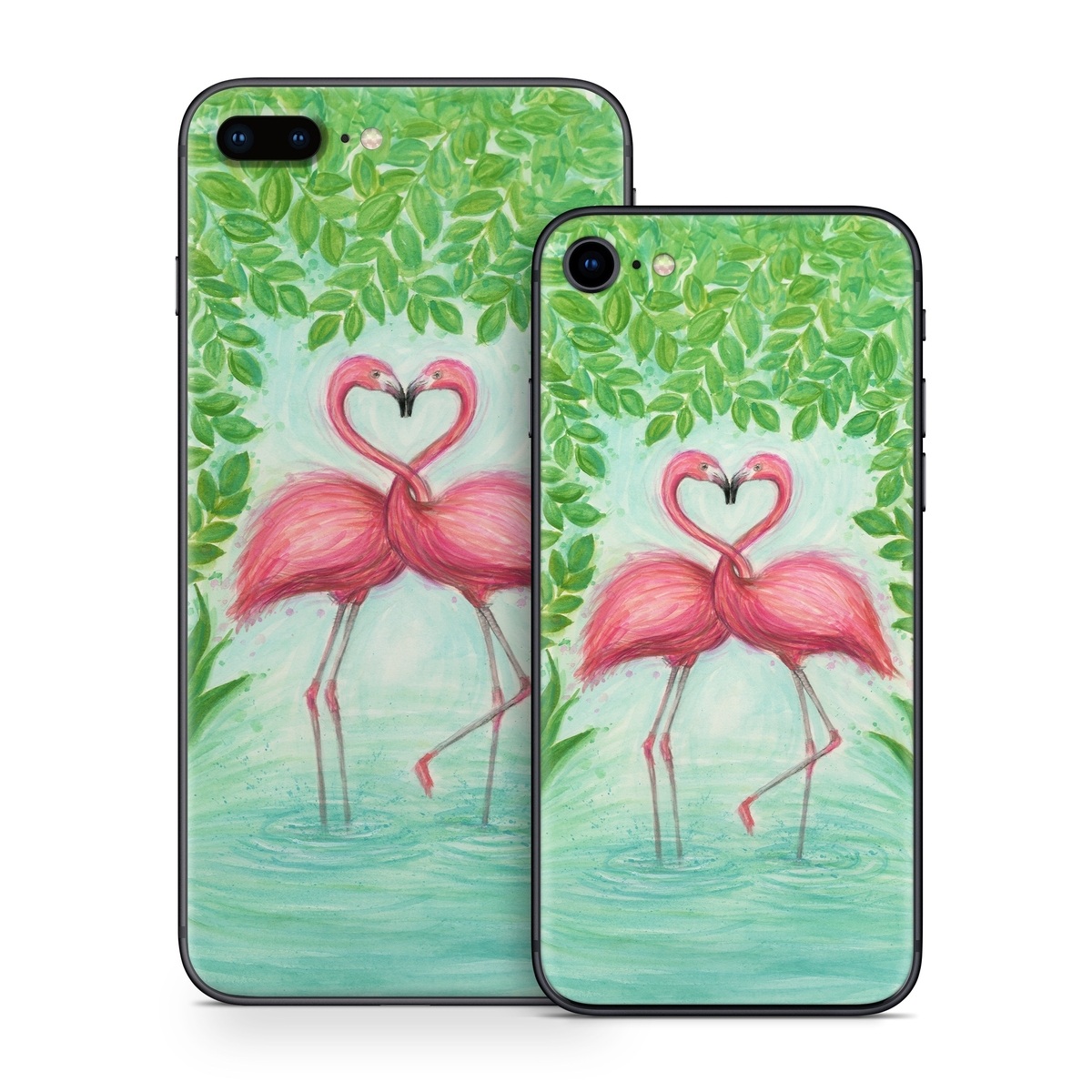 iPhone 8 Series Skin design of Flamingo, Greater flamingo, Bird, Water bird, Pink, Illustration, Watercolor paint, Organism, Drawing, Stork, with pink, blue, green colors