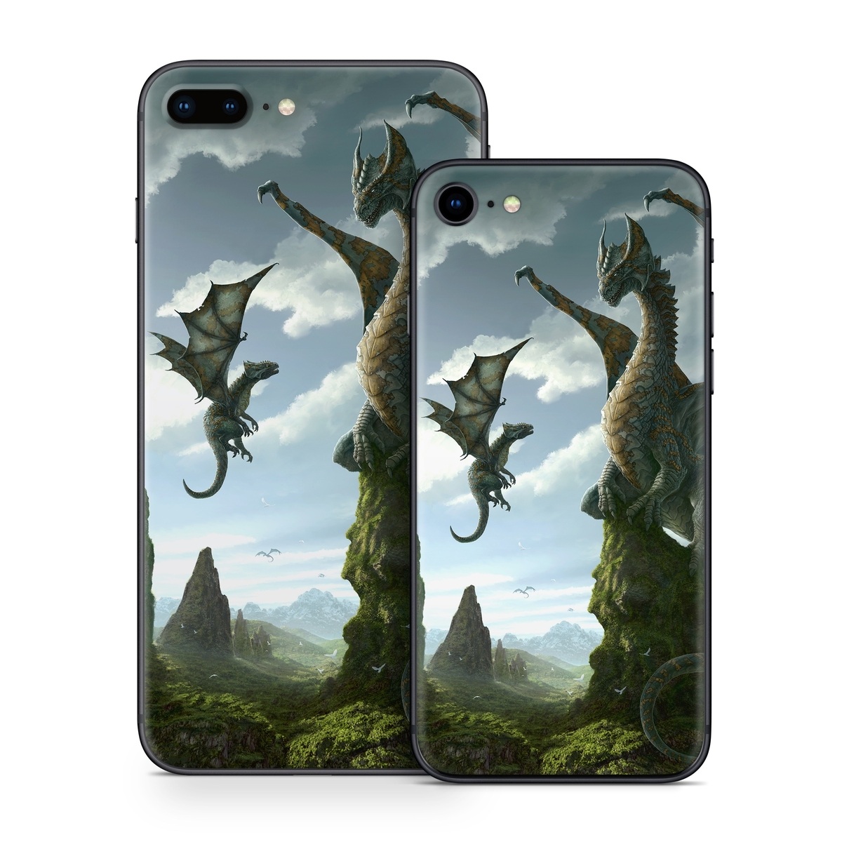iPhone 8 Series Skin design of Dragon, Cg artwork, Fictional character, Mythical creature, Mythology, Extinction, Cryptid, Illustration, Games, Massively multiplayer online role-playing game, with black, gray, blue, white, purple colors