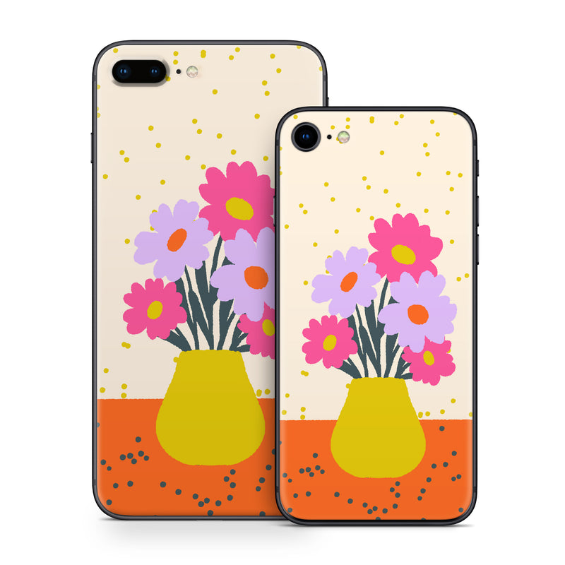 iPhone 8 Series Skin design of Flower, Plant, Vase, Flowerpot, Petal, Happy, People in nature, Liquid, Font, Art, with white, orange, pink, purple, yellow colors