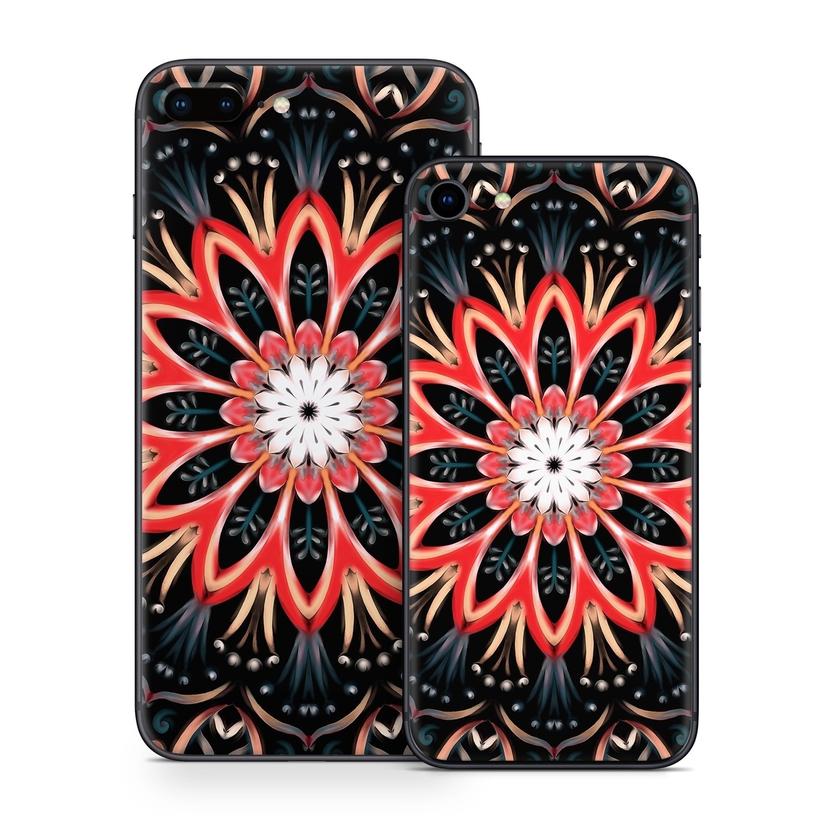 iPhone 8 Series Skin design of Pattern, Psychedelic art, Symmetry, Design, Art, Visual arts, Textile, Kaleidoscope, Fractal art, Ornament, with black, red, white, blue, yellow, orange colors