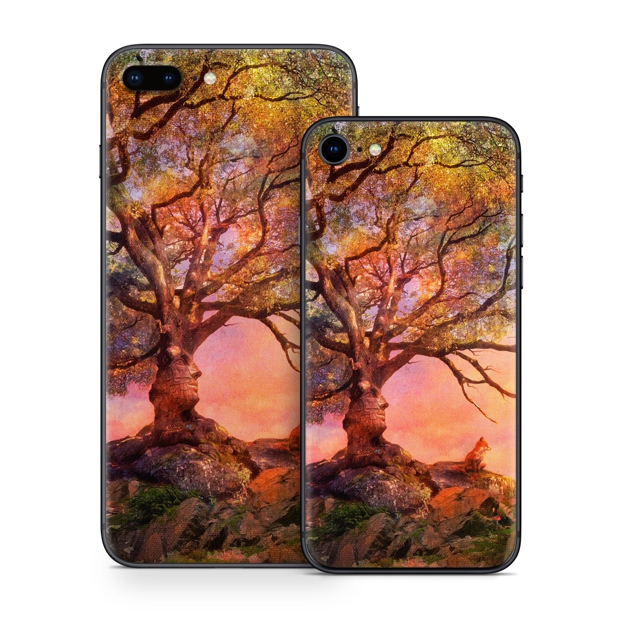 iPhone 8 Series Skin design of Nature, Tree, Sky, Natural landscape, Branch, Leaf, Woody plant, Trunk, Landscape, Plant, with pink, red, black, green, gray, orange colors