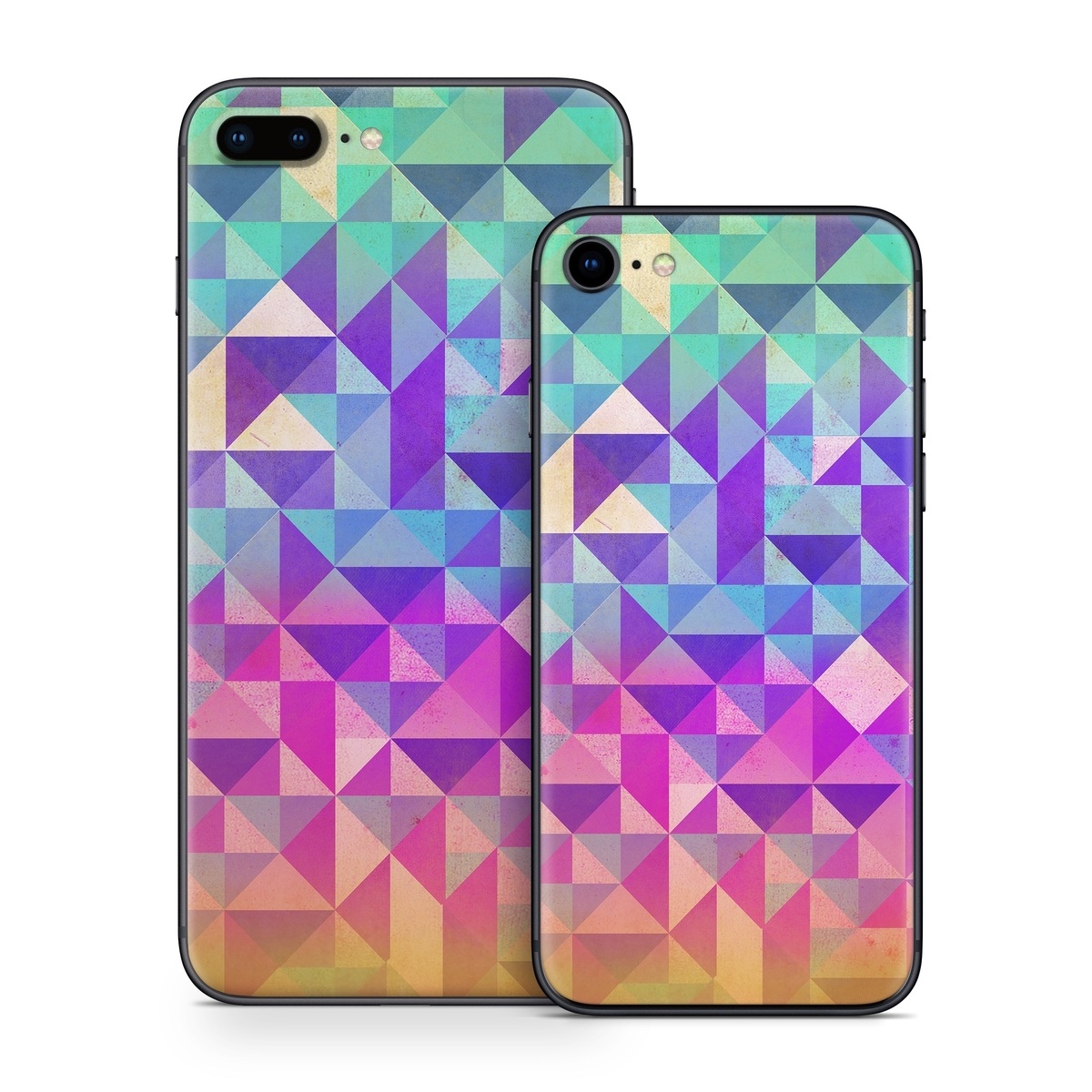 iPhone 8 Series Skin design of Pattern, Purple, Triangle, Violet, Magenta, Line, Design, Symmetry, Psychedelic art, with gray, purple, green, blue, pink colors