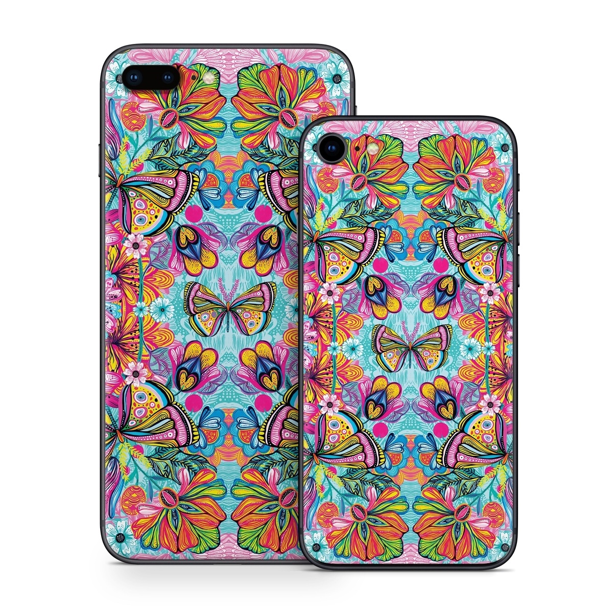 iPhone 8 Series Skin design of Pattern, Design, Textile, Psychedelic art, Visual arts, Symmetry, Art, Motif, with blue, pink, green, yellow, orange, purple colors