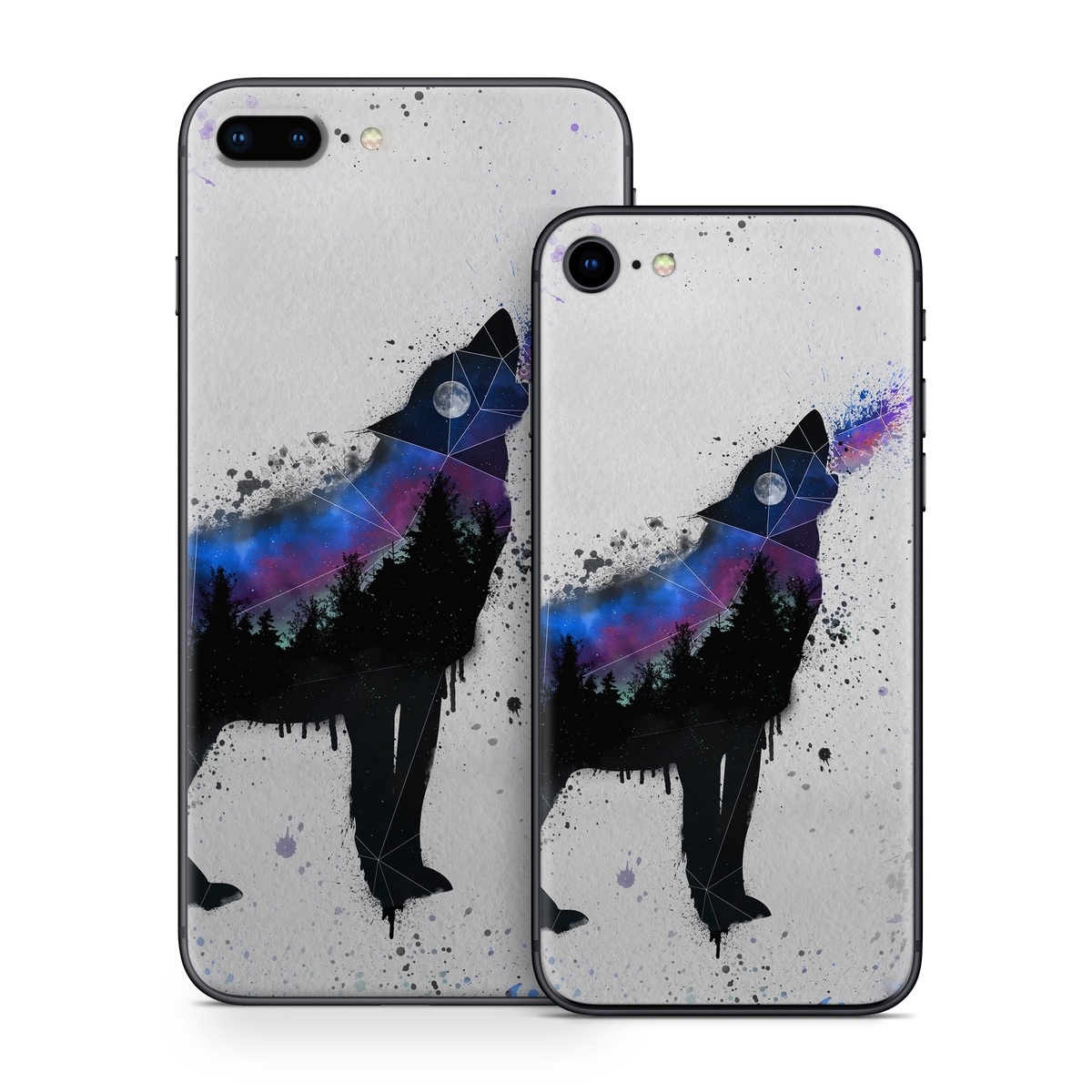 iPhone 8 Series Skin design of Canidae, Art, Illustration, Watercolor paint, Dog, Graphic design, Street art, Acrylic paint, Painting, Visual arts, with gray, white, blue, black, green, purple colors