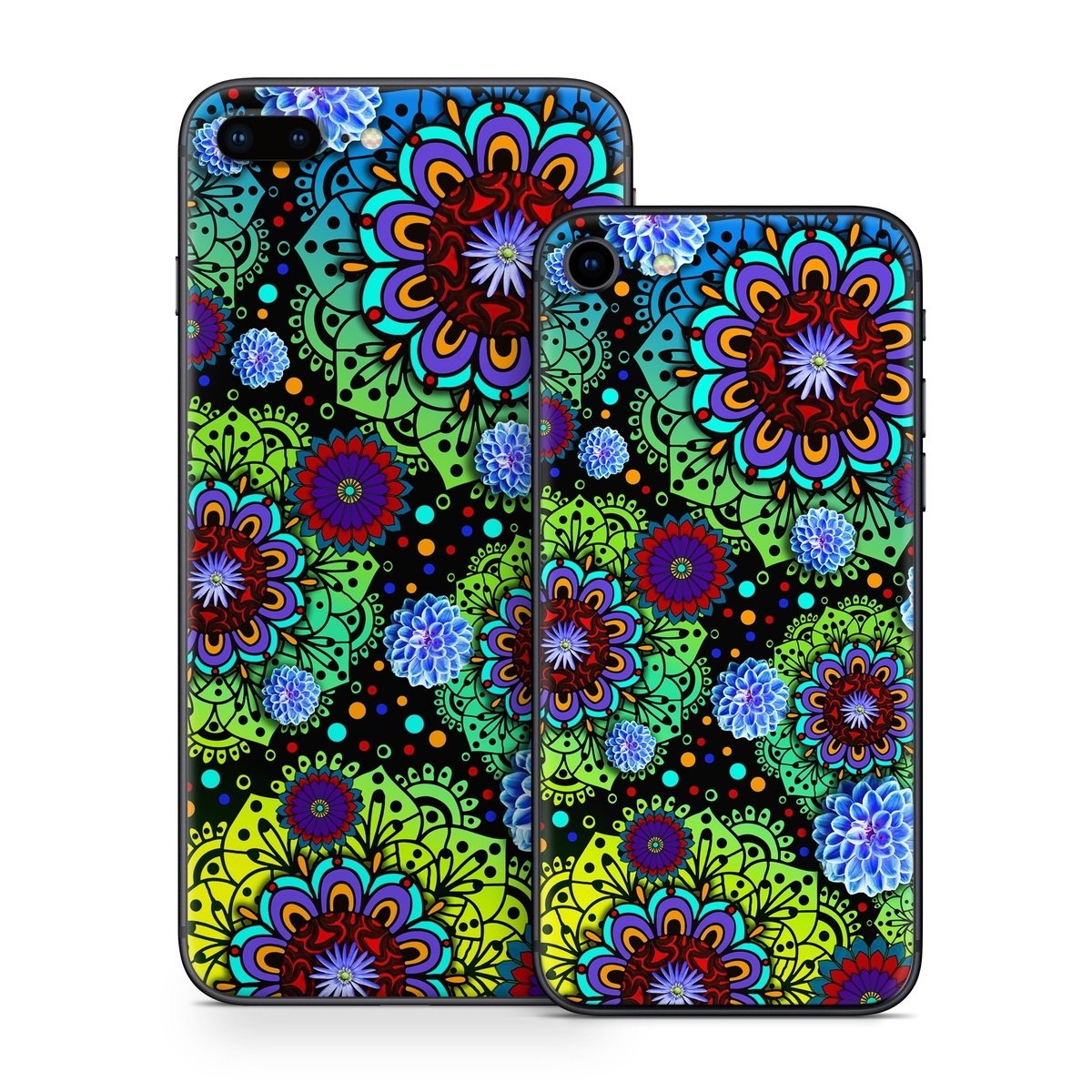iPhone 8 Series Skin design of Pattern, Psychedelic art, Design, Flower, Art, Visual arts, Floral design, Plant, Textile, Symmetry, with black, blue, green, purple colors