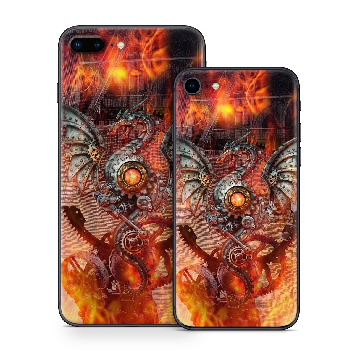 iPhone 8 Series Skin design of Dragon, Demon, Cg artwork, Illustration, Fictional character, Fractal art, Flame, Art, Mythology, Supernatural creature, with red, black, orange, pink, green colors