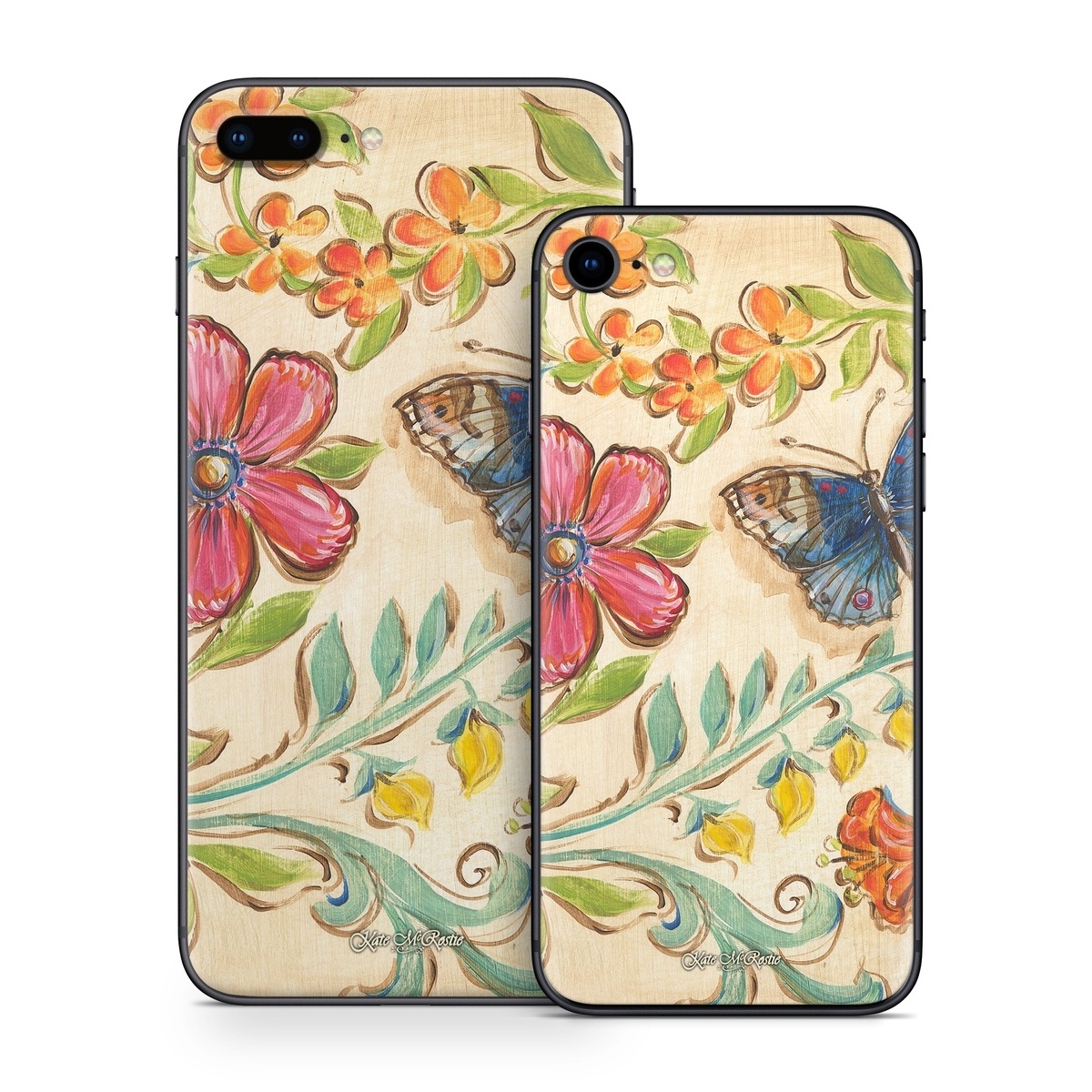 iPhone 8 Series Skin design of Butterfly, Moths and butterflies, Insect, Pollinator, Plant, Pattern, Watercolor paint, Wildflower, Visual arts, Brush-footed butterfly, with gray, pink, green, red, orange, blue colors
