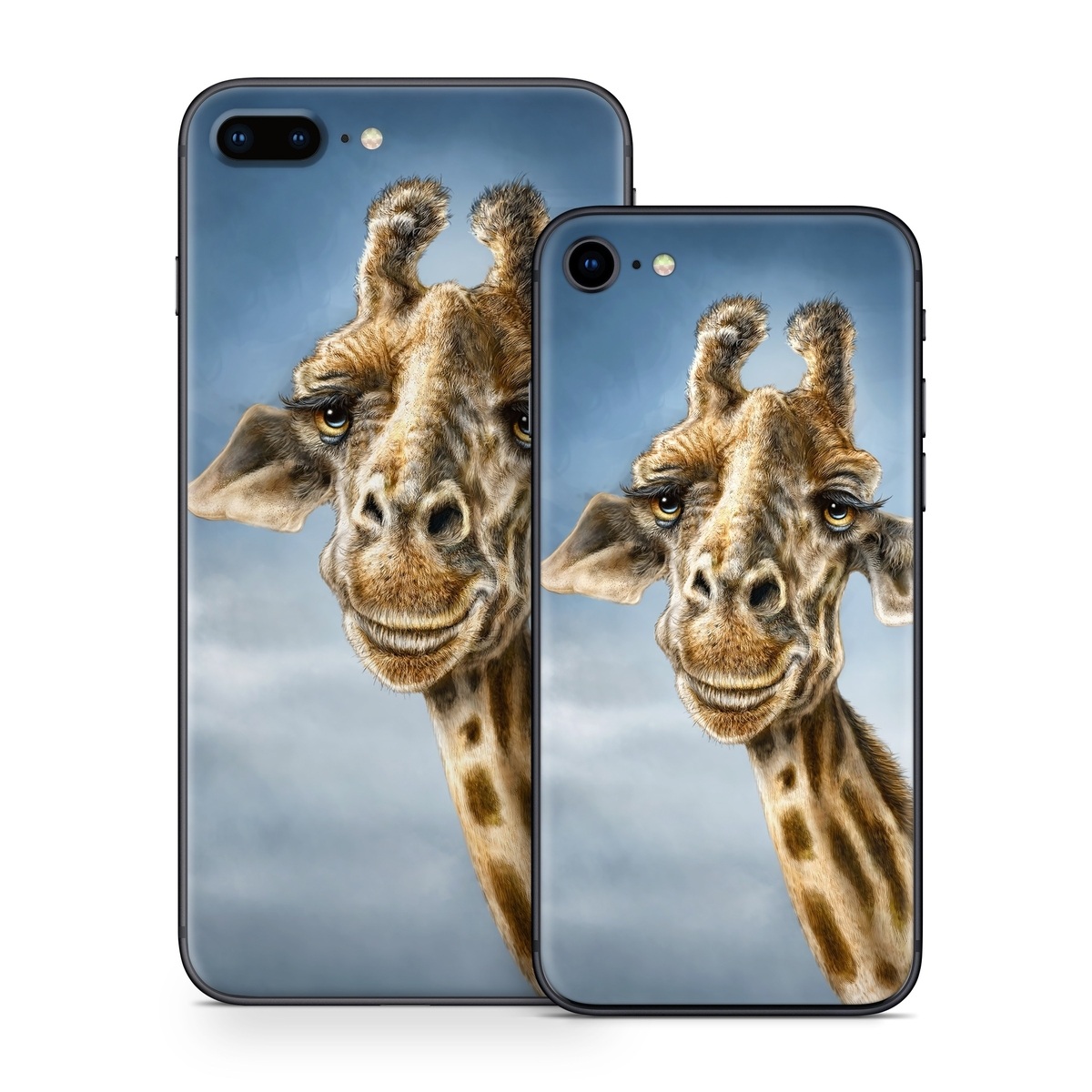 iPhone 8 Series Skin design of Giraffe, Giraffidae, Terrestrial animal, Wildlife, Head, Snout, Organism, Adaptation, Close-up, Neck, with gray, black, blue, green colors