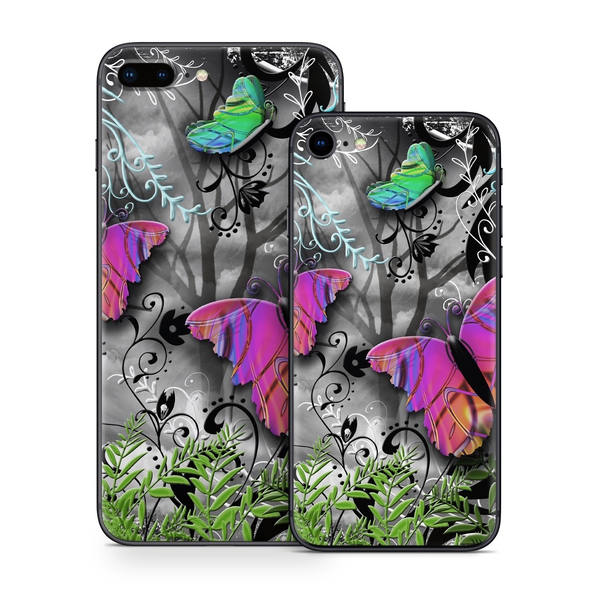 iPhone 8 Series Skin design of Butterfly, Pink, Purple, Violet, Organism, Spring, Moths and butterflies, Botany, Plant, Leaf, with black, gray, green, purple, red colors