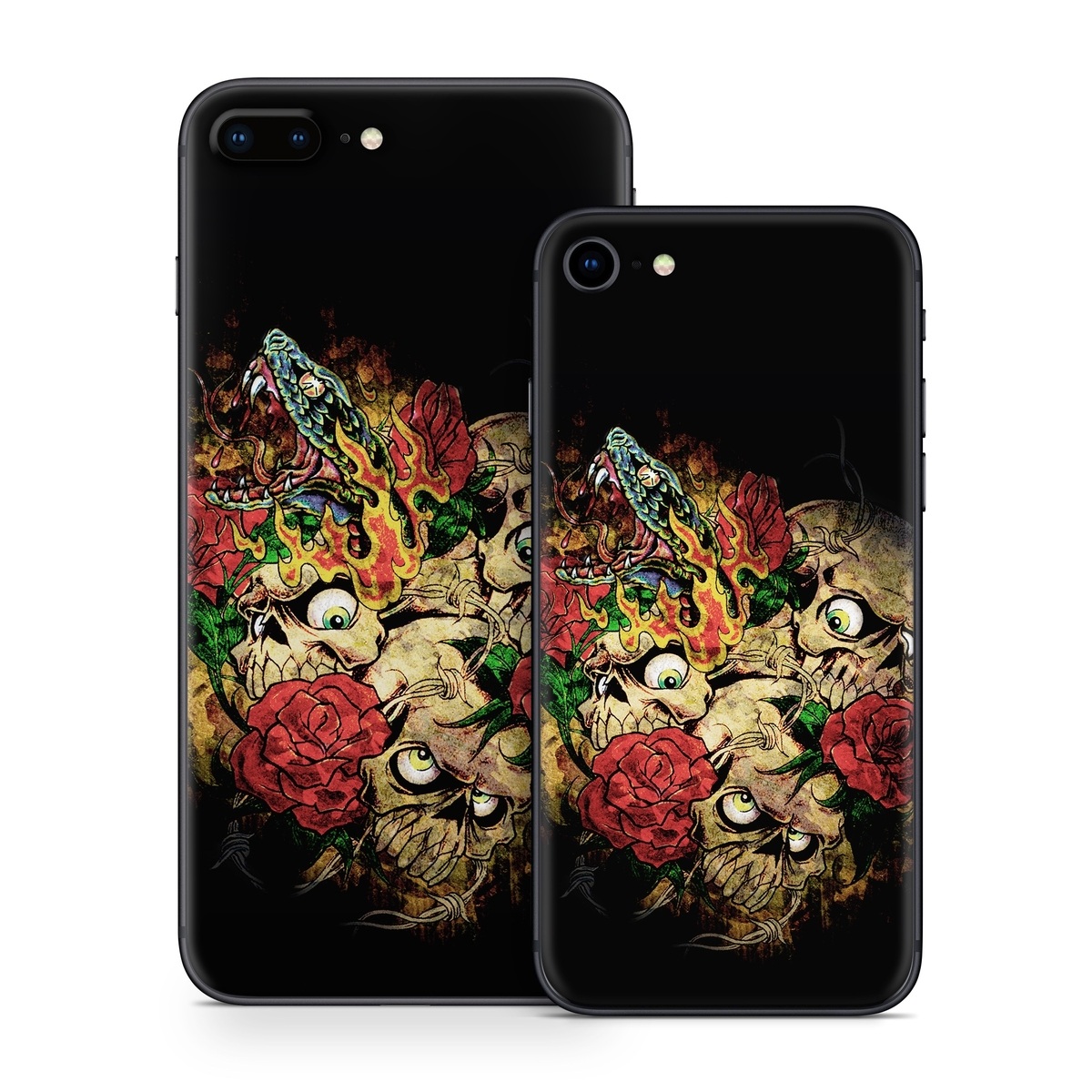 iPhone 8 Series Skin design of Illustration, Bouquet, Art, Skull, Plant, Rose, Flower, Graphic design, Fictional character, Floral design, with black, red, green, gray colors