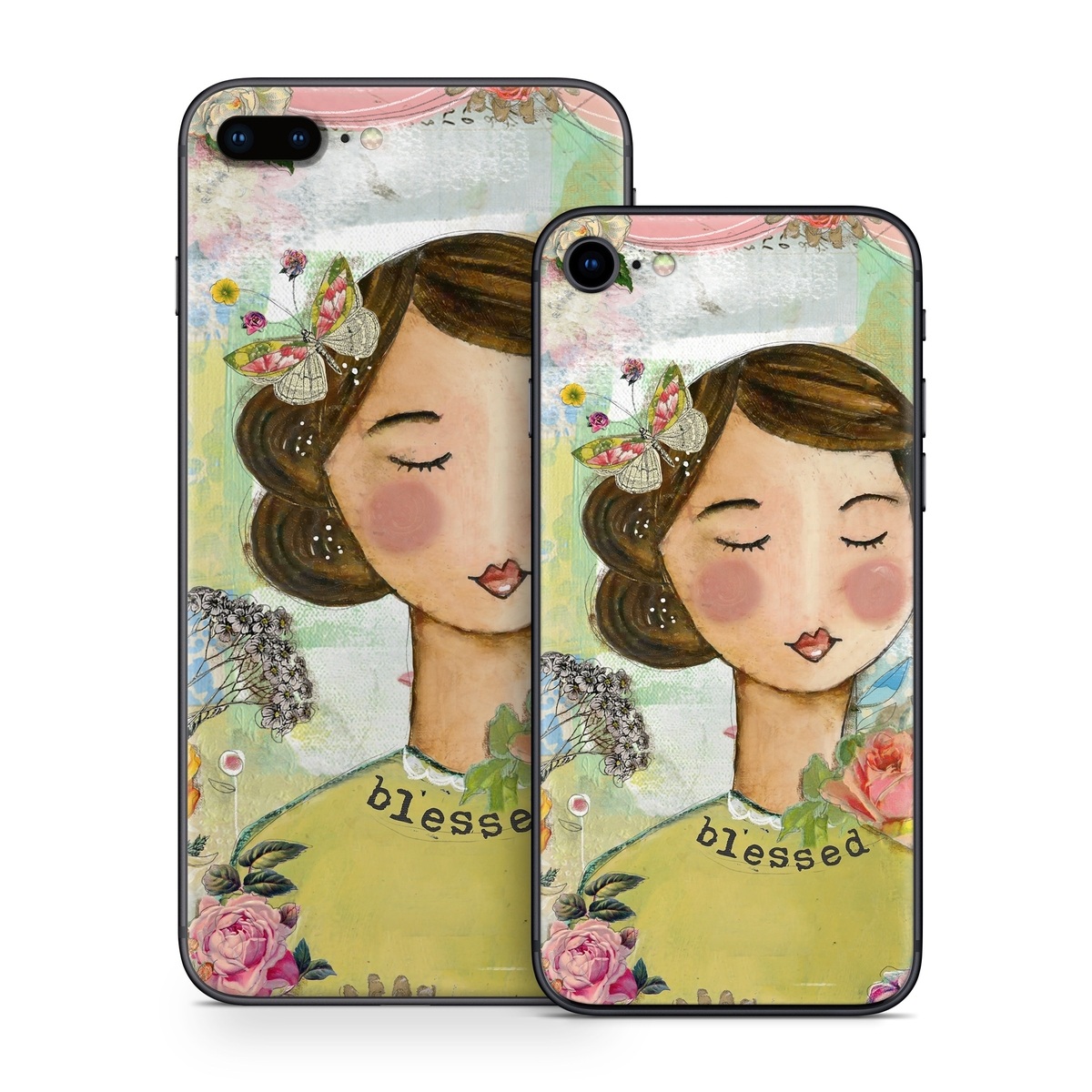 iPhone 8 Series Skin design of Illustration, Cheek, Art, Watercolor paint, Retro style, Painting, Plant, Flower, Fashion illustration, Fictional character, with pink, green, yellow, white, red, blue colors