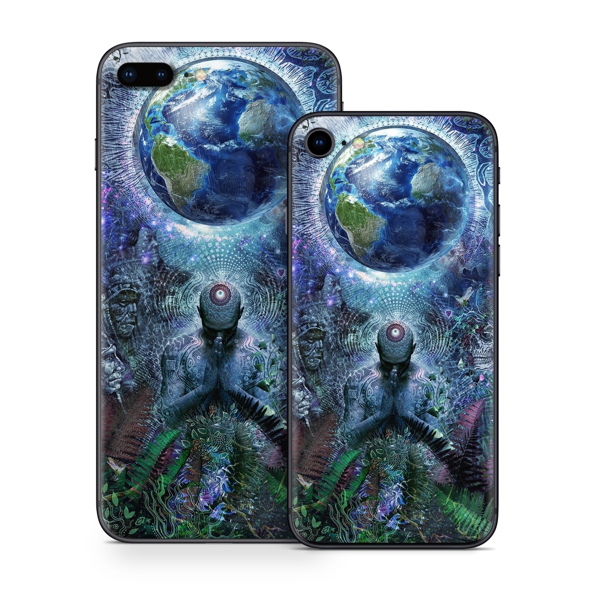 iPhone 8 Series Skin design of Psychedelic art, Fractal art, Art, Space, Organism, Earth, Sphere, Graphic design, Circle, Graphics, with blue, green, gray, purple, pink, black, white colors