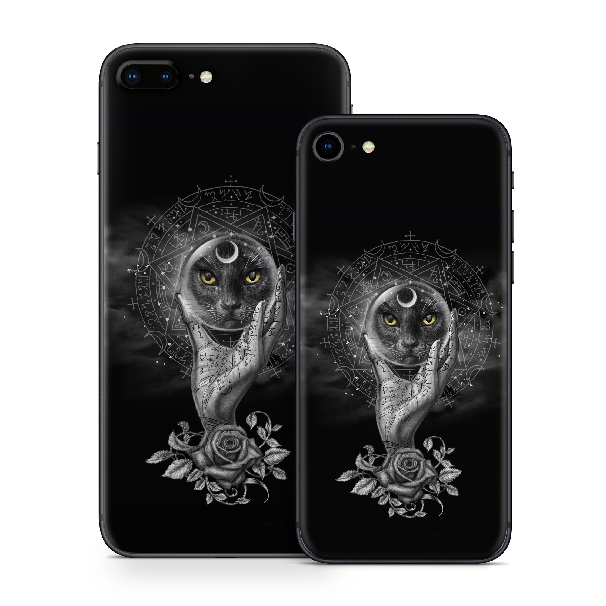 iPhone 8 Series Skin design of Head, Eye, Flash photography, Painting, Headgear, Art, Font, Snout, Darkness, Owl, with black, white, gray colors