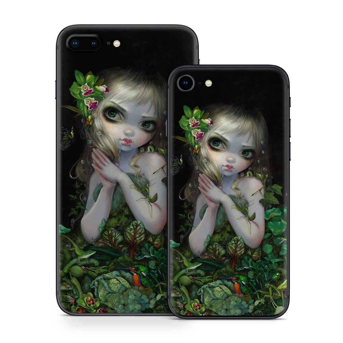 iPhone 8 Series Skin design of Green, Doll, Fictional character, Lip, Plant, Supervillain, Flower, Illustration, Ivy, Fawn, with black, white, green, red colors