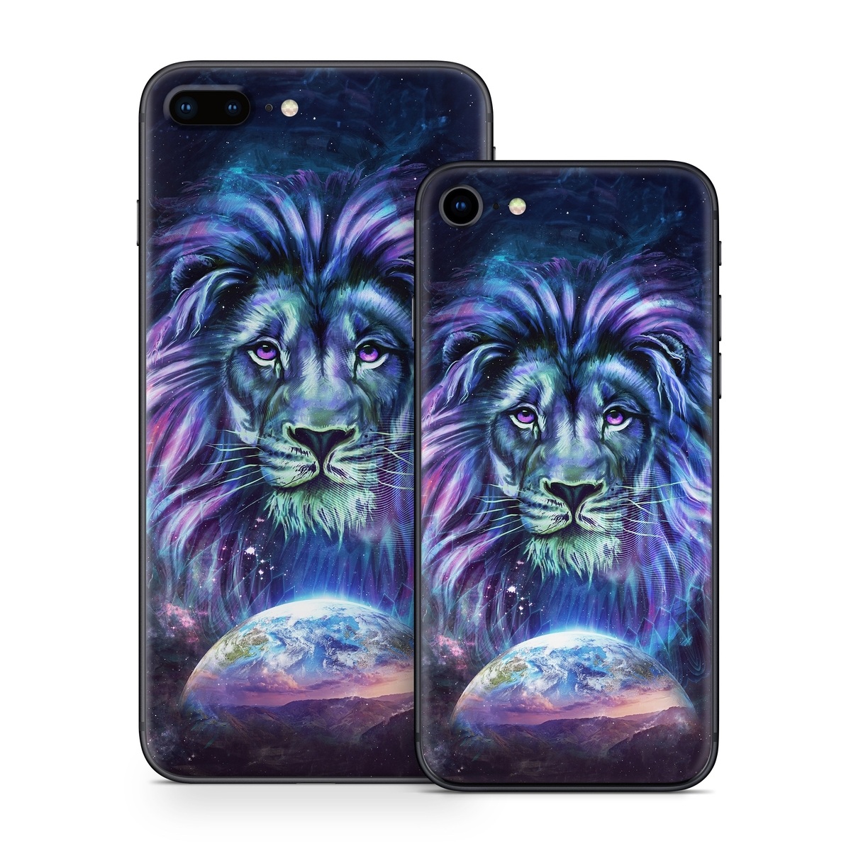 iPhone 8 Skin design of Lion, Felidae, Purple, Wildlife, Big cats, Illustration, Darkness, Space, Painting, Art with purple, blue, green, black, white, red colors