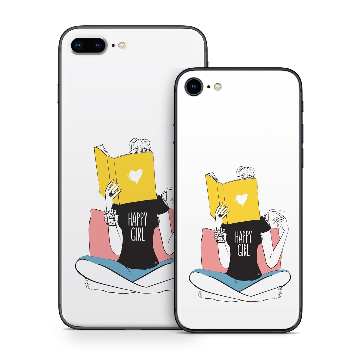 iPhone 8 Series Skin design of White, Sleeve, Gesture, Cartoon, Comfort, Elbow, Font, Graphics, Knee, Art, with white, black, blue, pink, yellow colors