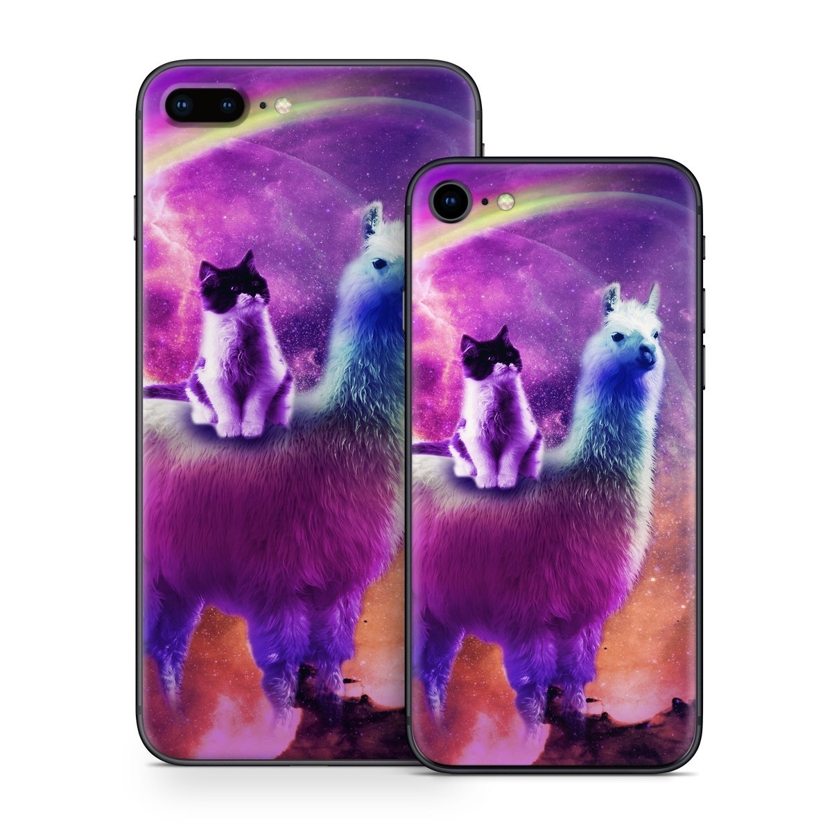 iPhone 8 Series Skin design of Llama, Purple, Camelid, Alpaca, Sky, Livestock, Space, with purple, white, blue, pink, yellow, black colors